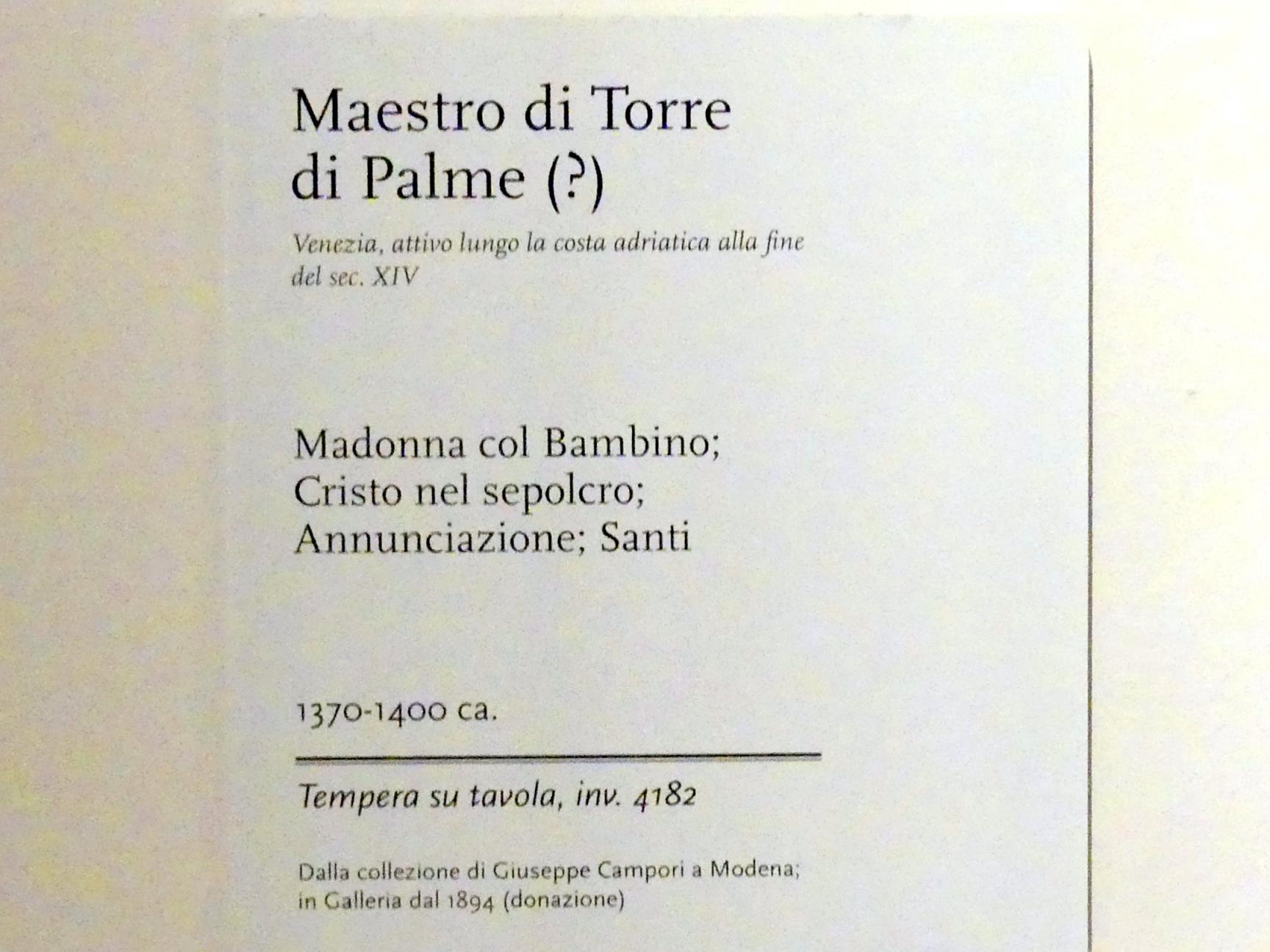 Meister des Torre di Palme (1387), Triptychon Maria mit Kind, Christus im Grab, Verkündigung, Heilige, Modena, Galleria Estense, Saal 2, Letztes Viertel 14. Jhd., Bild 4/4