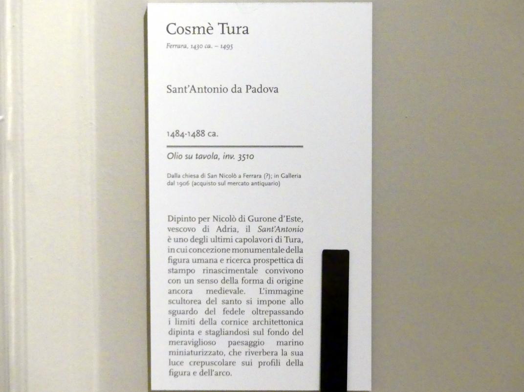 Cosmè (Cosimo) Tura (1457–1486), Heiliger Antonius von Padua, Modena, Galleria Estense, Saal 3, um 1484–1488, Bild 2/2
