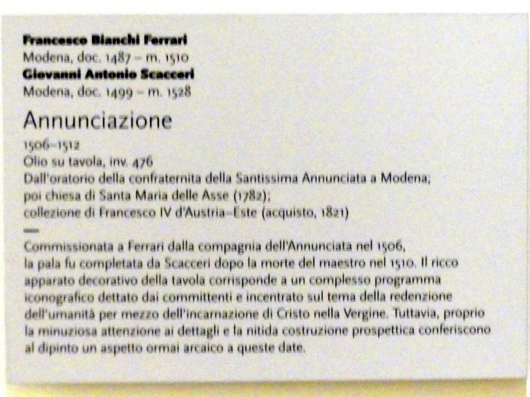 Francesco Bianchi Ferrari (1492–1510), Mariä Verkündigung, Modena, Galleria Estense, Saal 6, 1506–1512, Bild 2/2