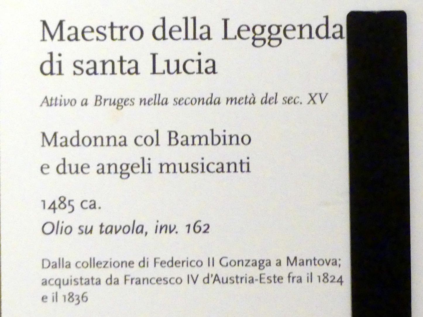 Meister der Lucialegende (1475–1485), Maria mit Kind und zwei musizierenden Engeln, Modena, Galleria Estense, Saal 7, um 1485, Bild 2/2