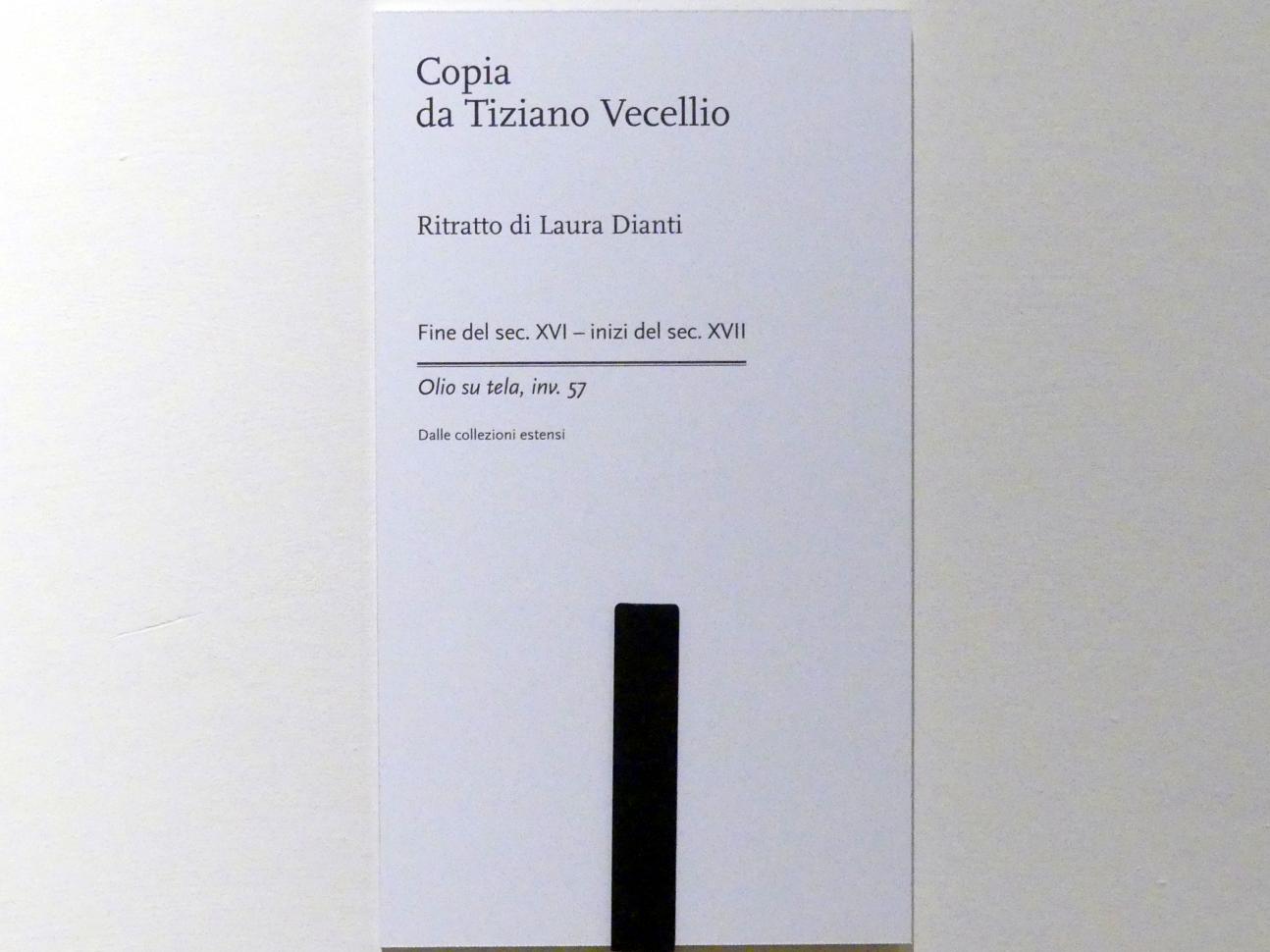 Tiziano Vecellio (Tizian) (Kopie) (1576), Bildnis der Laura Dianti, Modena, Galleria Estense, Saal 12, um 1590–1610, Bild 2/2