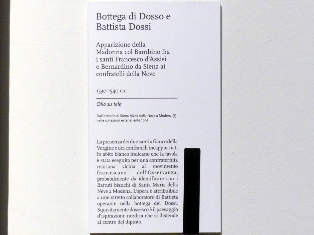 Giovanni Luteri (Dosso Dossi) (Werkstatt) (1535), Erscheinung Mariens mit Kind zwischen den hll. Franz von Assisi und Bernhardin von Siena an die Bruderschaft von Santa Maria della Neve, Modena, Galleria Estense, Saal 14, um 1530–1540, Bild 2/2