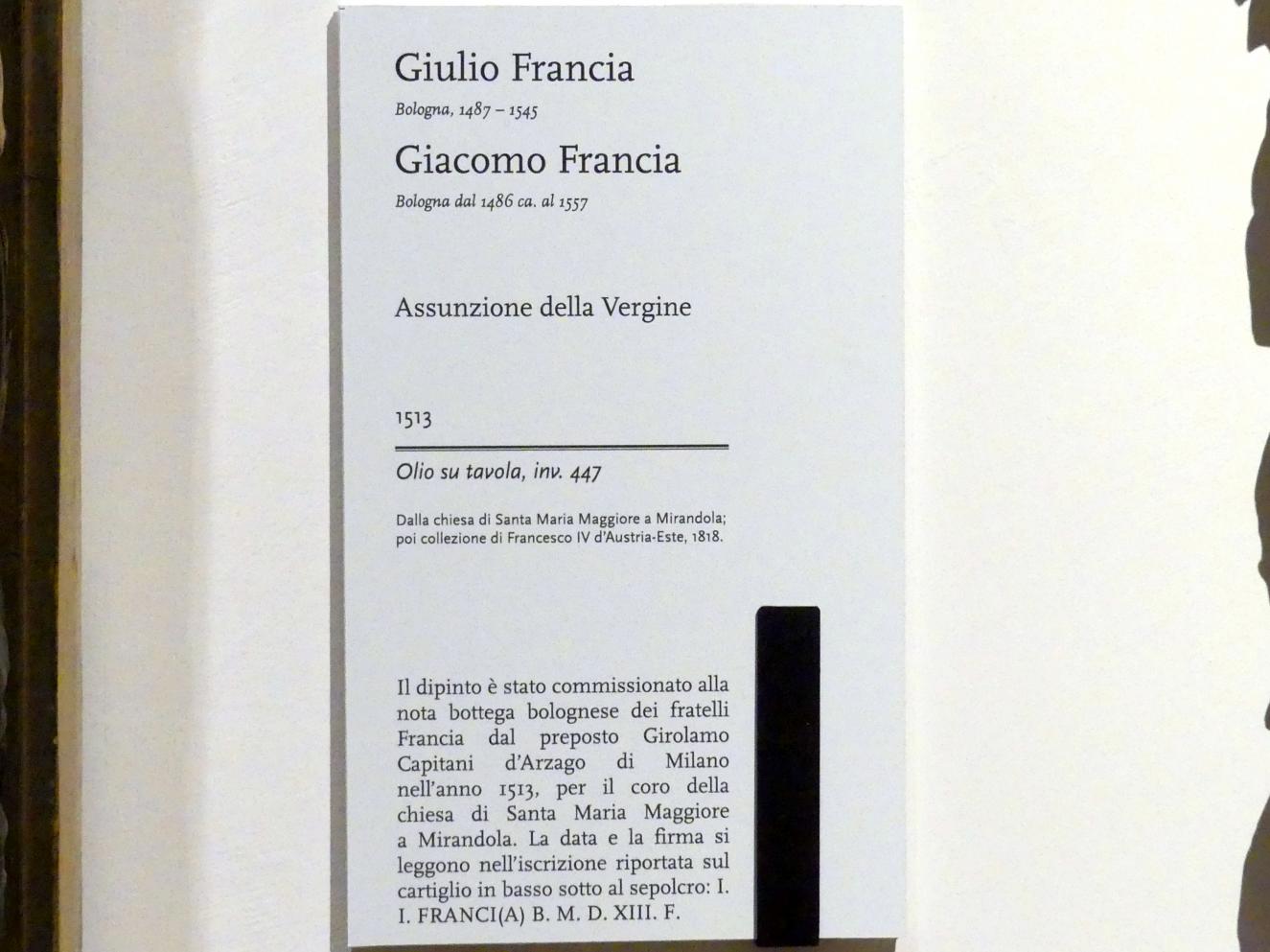 Giulio Raibolini (Giulio Francia) (1513), Mariä Aufnahme in den Himmel, Mirandola, Chiesa di Santa Maria Maggiore, jetzt Modena, Galleria Estense, Saal 14, 1513, Bild 3/3