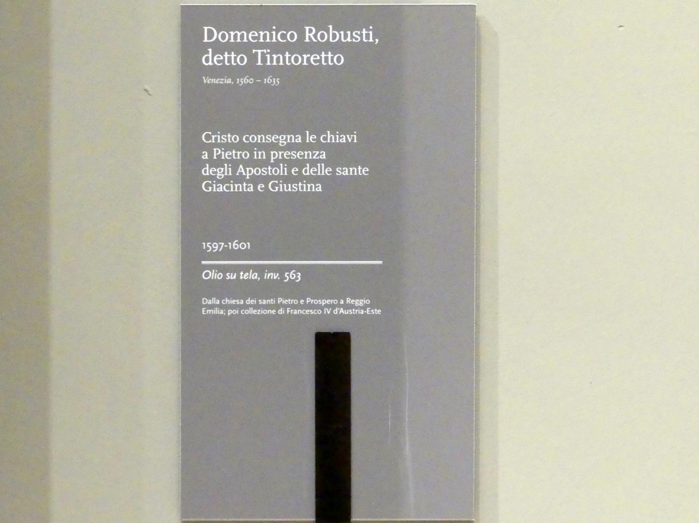 Domenico Robusti (Domenico Tintoretto) (1579–1605), Christus übergibt Petrus die Schlüssel in Gegenwart der Apostel und der Heiligen Giacinta und Giustina, Reggio Emilia, Chiesa di San Pietro, jetzt Modena, Galleria Estense, Saal 17, 1597–1601, Bild 2/2