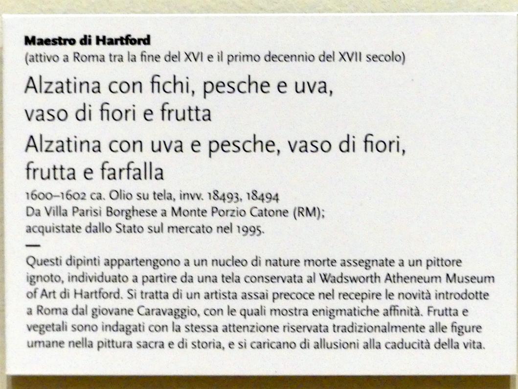 Meister von Hartford (1601), Obstschale mit Feigen, Pfirsichen und Trauben, Blumenvase und Obst, Monte Porzio Catone, Villa Parisi-Borghese, jetzt Modena, Galleria Estense, Saal 19, um 1600–1602, Bild 2/2