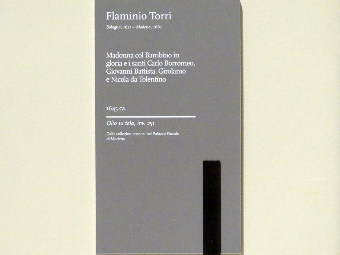 Flaminio Torri (1645–1650), Maria mit dem Kind in der himmlischen Glorie, Karl Borromäus, Johannes der Täufer, Hieronymus und Nikolaus von Tolentino, Modena, Galleria Estense, Saal 19, um 1645, Bild 2/2