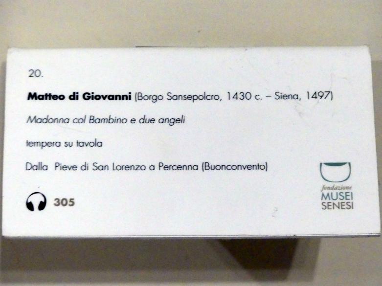 Matteo di Giovanni (1455–1478), Maria mit Kind und zwei Engeln, Percenna, Chiesa di San Lorenzo, jetzt Buonconvento, Museo d’Arte Sacra della Val d’Arbia, Saal 3, um 1470, Bild 2/2