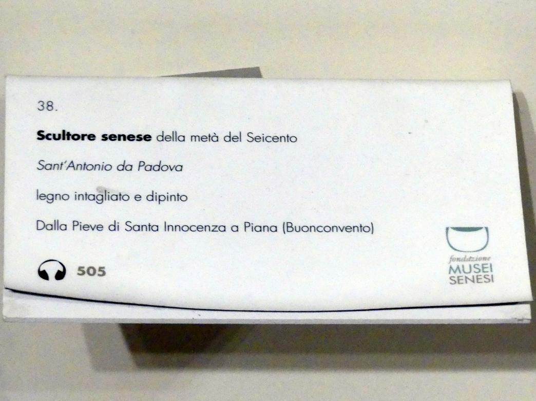 Heiliger Antonius von Padua, Piana, Pieve di Sant'Innocenza, jetzt Buonconvento, Museo d’Arte Sacra della Val d’Arbia, Saal 5, 1656, Bild 4/4