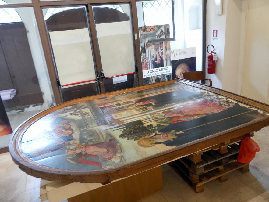 Girolamo di Benvenuto (Girolamo del Guasta) (1500–1512), Mariä Verkündigung mit dem segnenden Gottvater und den hll. Antonius Abbas und Franziskus, Buonconvento, Museo d’Arte Sacra della Val d’Arbia, Saal 7, Undatiert, Bild 2/2