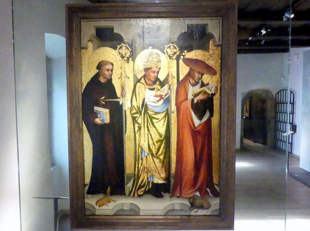 Meister von Wittingau (1382–1392), Grablegung Jesu, Heilige Ägidius, Augustinus und Hieronymus, Wittingau (Třeboň), ehem. Kloster der Augustiner-Chorherren, jetzt Prag, Nationalgalerie im Agneskloster, Saal E, um 1380–1385, Bild 2/3