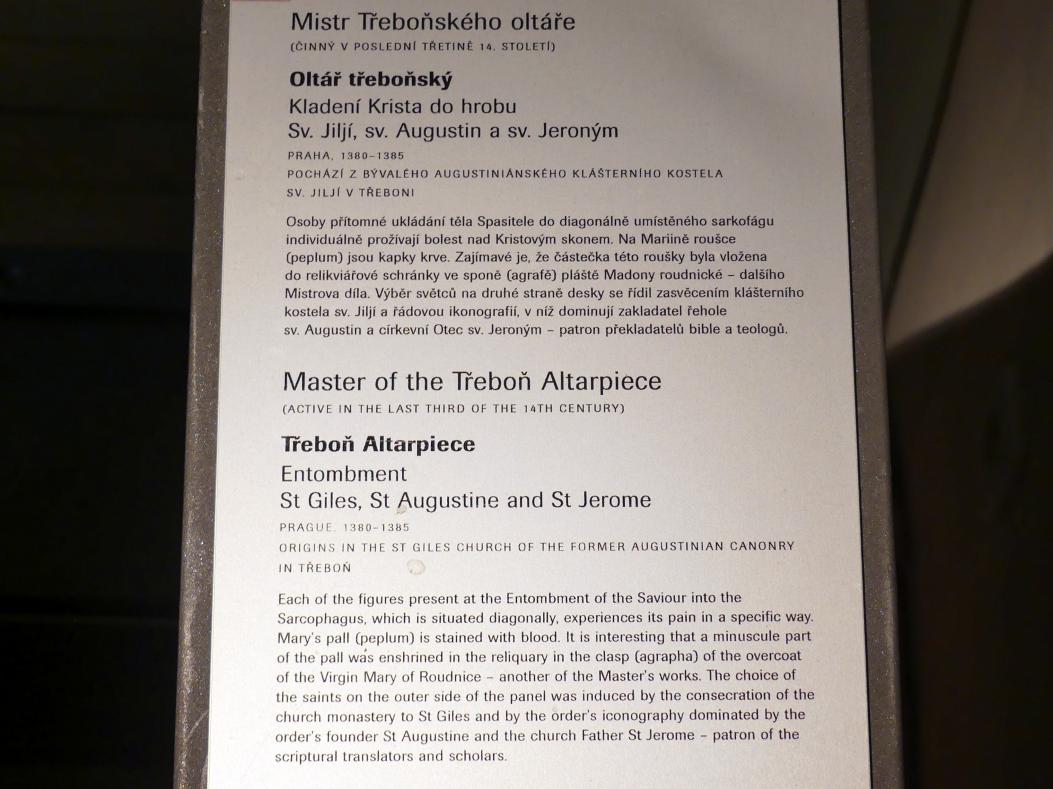Meister von Wittingau (1382–1392), Grablegung Jesu, Heilige Ägidius, Augustinus und Hieronymus, Wittingau (Třeboň), ehem. Kloster der Augustiner-Chorherren, jetzt Prag, Nationalgalerie im Agneskloster, Saal E, um 1380–1385, Bild 3/3