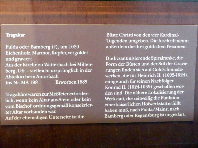 Tragaltar, Amorbach, ehem. Benediktinerabtei, Abteikirche, jetzt Fürstlich Leiningensche Hofkirche, jetzt München, Bayerisches Nationalmuseum, Saal 1, um 1020, Bild 3/3