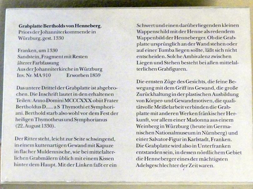 Grabplatte Bertholds von Henneberg, Würzburg, Johanniterkommende, jetzt München, Bayerisches Nationalmuseum, Saal 2, um 1330, Bild 2/2