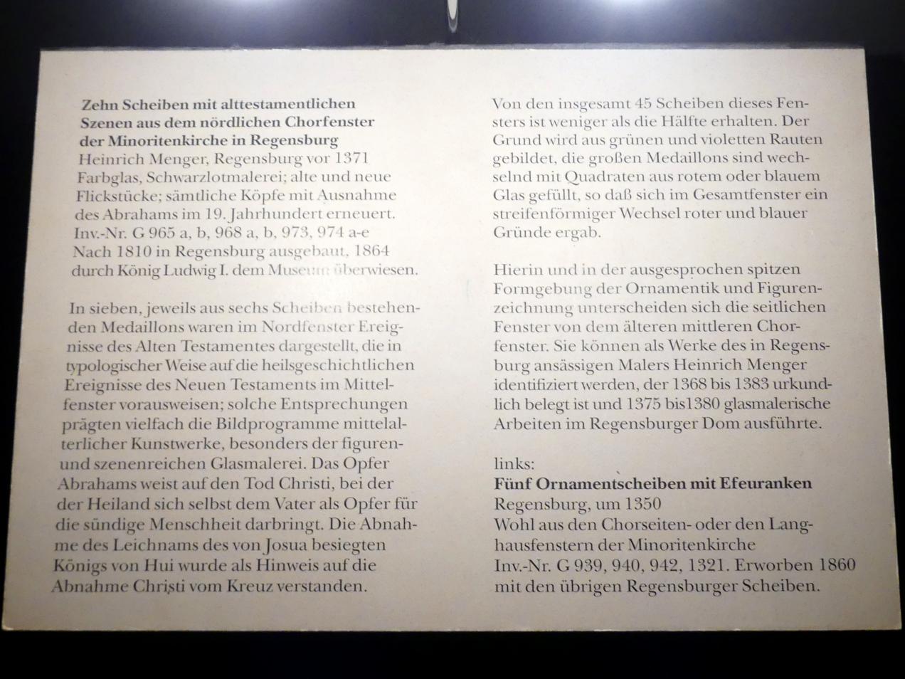 Heinrich Menger (1370), Zehn Scheiben mit alttestamentlichen Szenen aus dem nördlichen Chorfenster der Minoritenkirche in Regensburg, Regensburg, ehem. Franziskanerkloster St. Salvator, heute Museum, jetzt München, Bayerisches Nationalmuseum, Saal 3, vor 1371, Bild 2/2