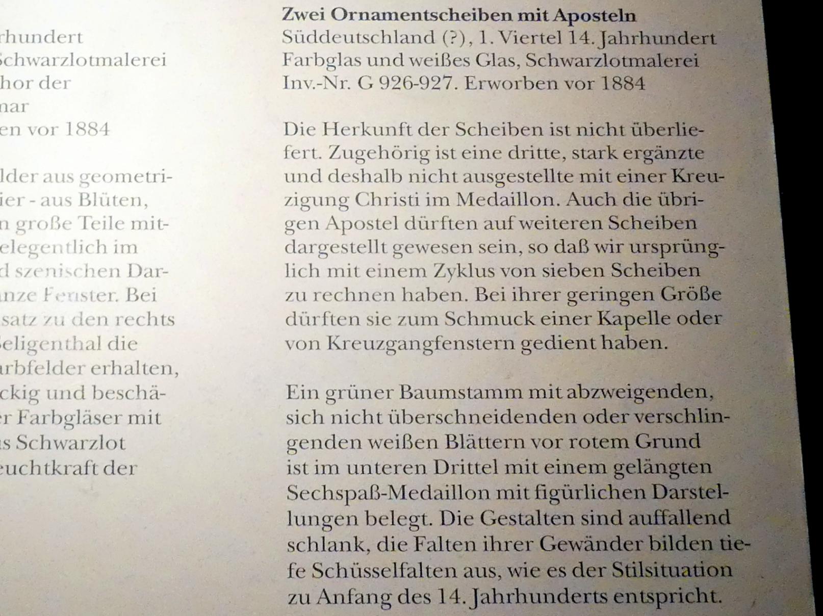 Zwei Ornamentscheiben mit Aposteln, München, Bayerisches Nationalmuseum, Saal 3, 1. Viertel 14. Jhd., Bild 2/2