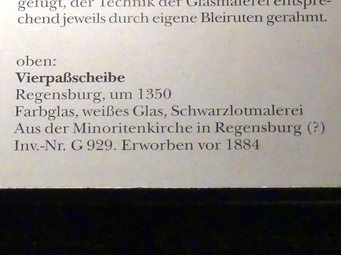 Vierpaßscheibe, Regensburg, ehem. Franziskanerkloster St. Salvator, heute Museum, jetzt München, Bayerisches Nationalmuseum, Saal 3, um 1350, Bild 2/2