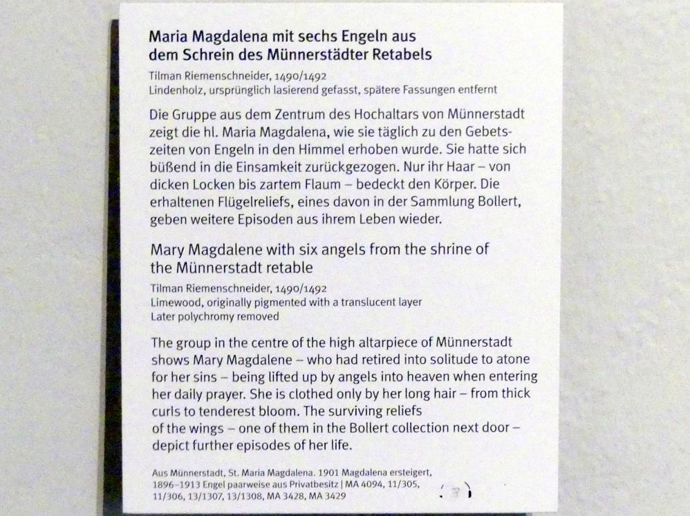 Tilman Riemenschneider (1487–1523), Maria Magdalena mit sechs Engeln aus dem Schrein des Münnerstädter Retabels, Münnerstadt, Pfarrkirche St. Maria Magdalena, jetzt München, Bayerisches Nationalmuseum, Saal 16, 1490–1492, Bild 3/3