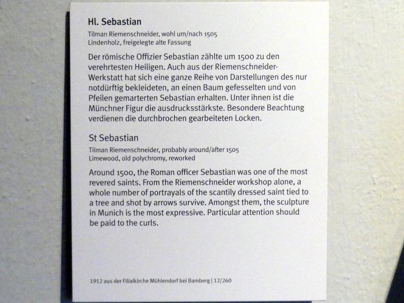 Tilman Riemenschneider (1487–1523), Hl. Sebastian, Mühlendorf, Kirche Heilig Kreuz, jetzt München, Bayerisches Nationalmuseum, Saal 16, um 1505, Bild 4/4