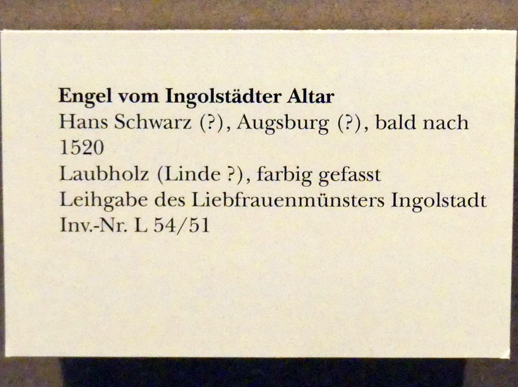 Hans Schwarz (1516–1522), Engel vom Ingolstädter Altar, Ingolstadt, Münster Zur Schönen Unserer Lieben Frau, jetzt München, Bayerisches Nationalmuseum, Saal 17, nach 1520, Bild 3/3