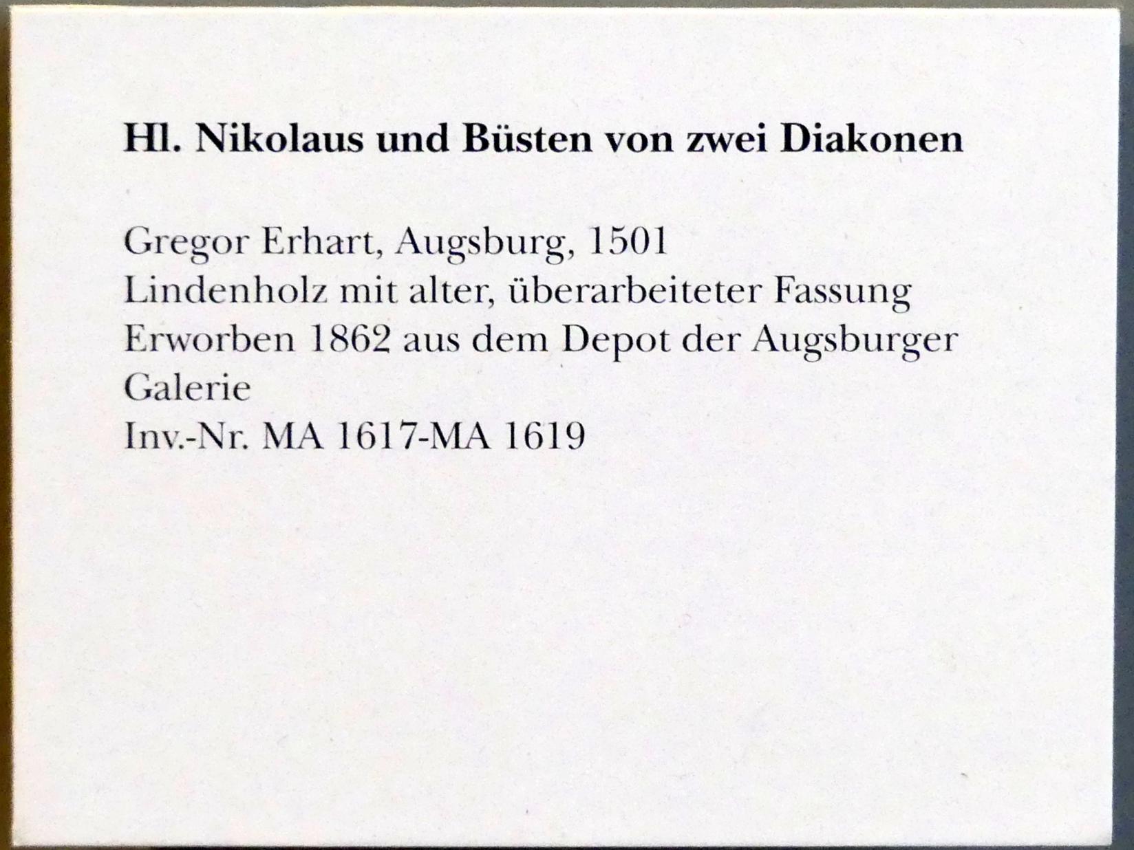 Gregor Erhart (1501–1520), Hl. Nikolaus und Büsten von zwei Diakonen, München, Bayerisches Nationalmuseum, Saal 15, 1501, Bild 3/3