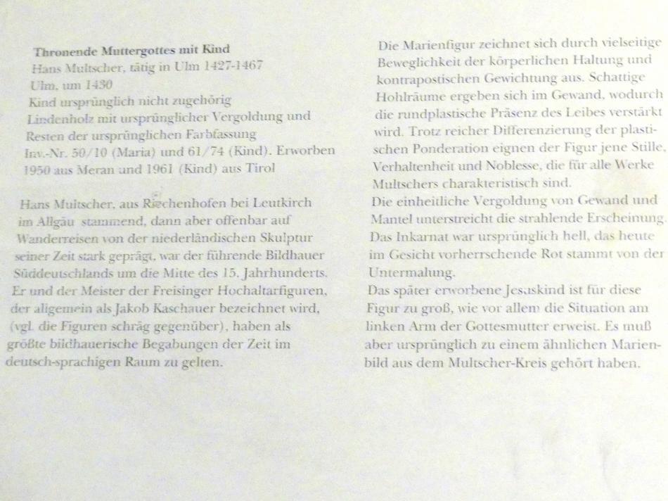 Hans Multscher (1428–1465), Thronende Muttergottes mit Kind, München, Bayerisches Nationalmuseum, Saal 8, um 1430, Bild 4/4