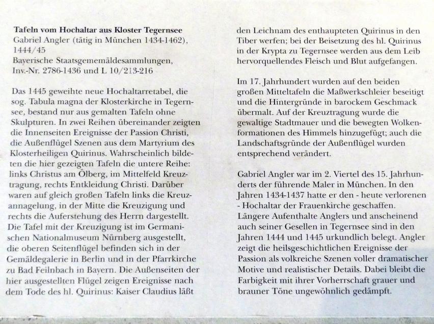 Gabriel Angler (1440–1445), Tafeln vom Hochaltar aus Kloster Tegernsee, Tegernsee, ehemalige Benediktinerabtei, Abteikirche St. Quirinus, jetzt München, Bayerisches Nationalmuseum, Saal 8, 1444–1445, Bild 8/8
