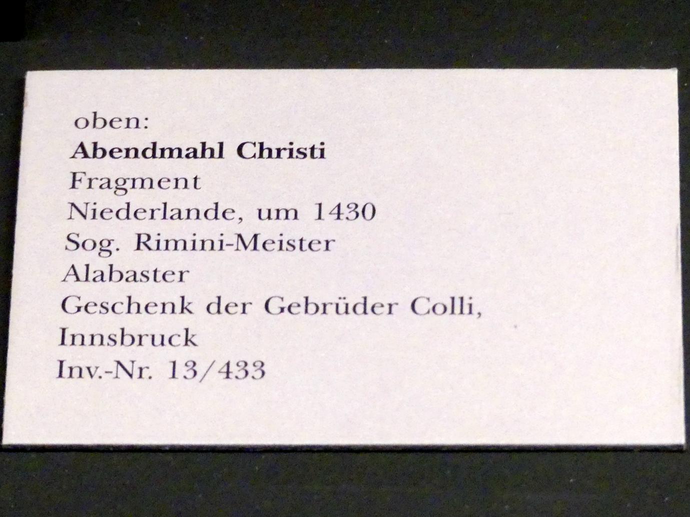 Meister des Rimini-Altars (Rimini-Meister) (1425–1430), Abendmahl Christi, München, Bayerisches Nationalmuseum, Saal 7, um 1430, Bild 2/2