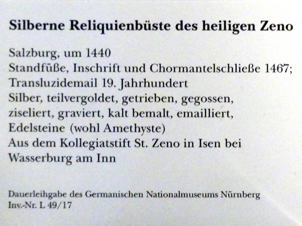 Silberne Reliquienbüste des heiligen Zeno, Isen, Stifts- und Pfarrkirche St. Zeno, jetzt München, Bayerisches Nationalmuseum, Saal 7, um 1440, Bild 2/5