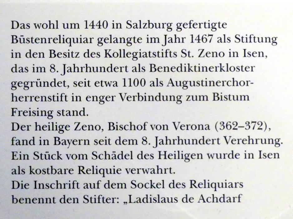 Silberne Reliquienbüste des heiligen Zeno, Isen, Stifts- und Pfarrkirche St. Zeno, jetzt München, Bayerisches Nationalmuseum, Saal 7, um 1440, Bild 3/5