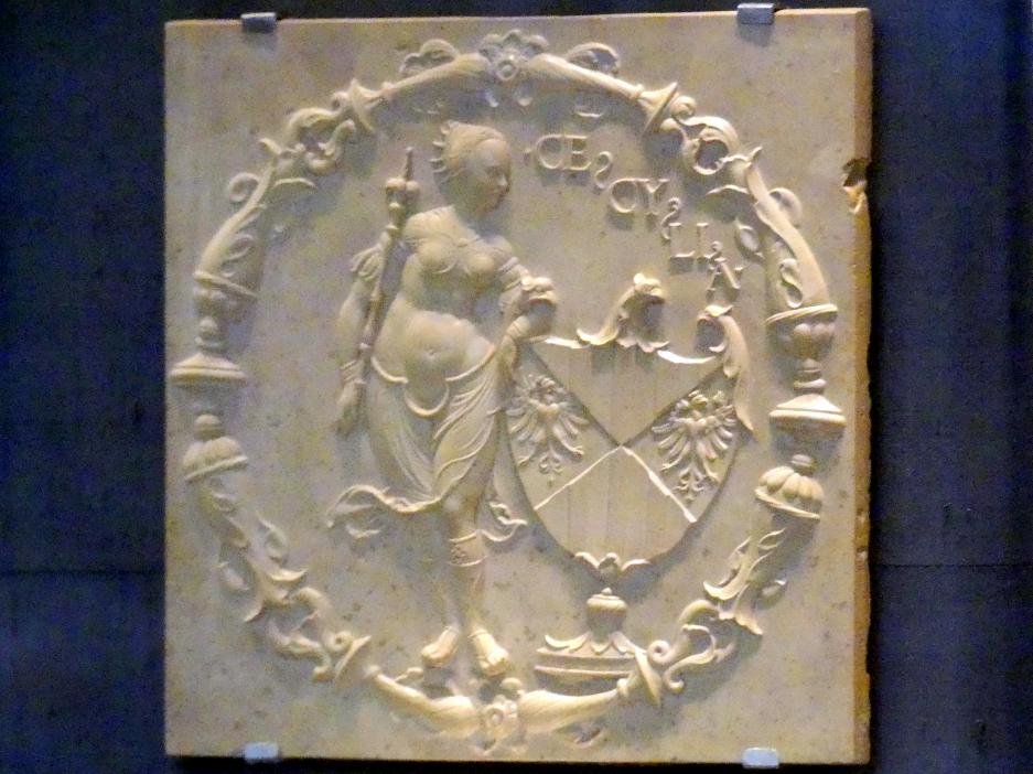 Thomas Hering (1532–1537), Jacobäa, Herzogin von Bayern, geb. Markgräfin von Baden mit fünf Ahnenwappen, München, Bayerisches Nationalmuseum, Saal 21, um 1535–1540, Bild 3/8