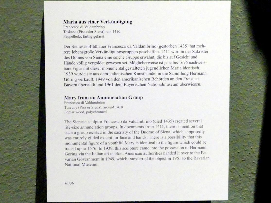 Francesco di Valdambrino (1410–1420), Maria aus einer Verkündigung, München, Bayerisches Nationalmuseum, Saal 24, um 1410, Bild 4/4