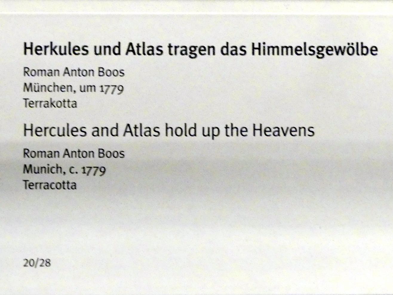 Roman Anton Boos (1767–1790), Herkules und Atlas tragen das Himmelsgewölbe, München, Hofgarten, jetzt München, Bayerisches Nationalmuseum, Saal 43, um 1779, Bild 2/4