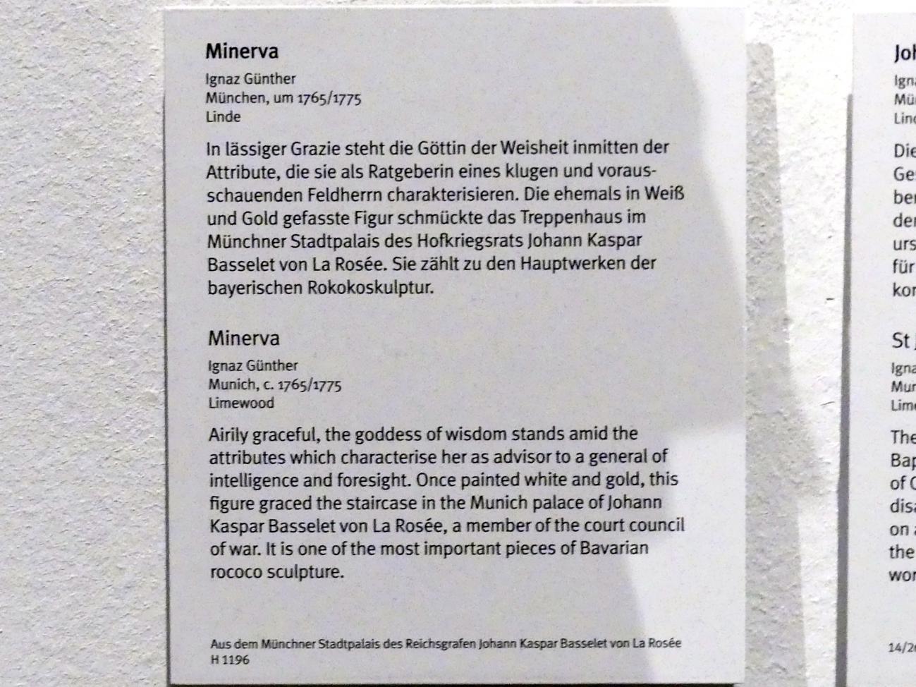 Ignaz Günther (1751–1775), Minerva, München, Stadtpalais des Reichsgrafen Johann Kaspar Basselet von La Rosée, jetzt München, Bayerisches Nationalmuseum, Saal 42, um 1765–1775, Bild 2/2