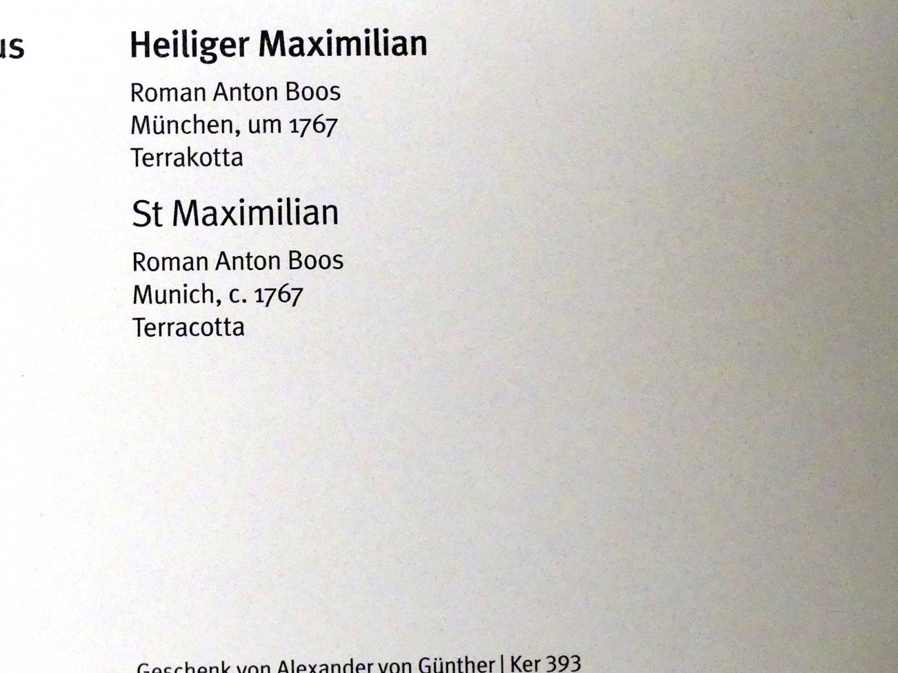 Roman Anton Boos (1767–1790), Heiliger Maximilian, München, Theatinerkirche, jetzt München, Bayerisches Nationalmuseum, Saal 42, um 1767, Bild 3/3