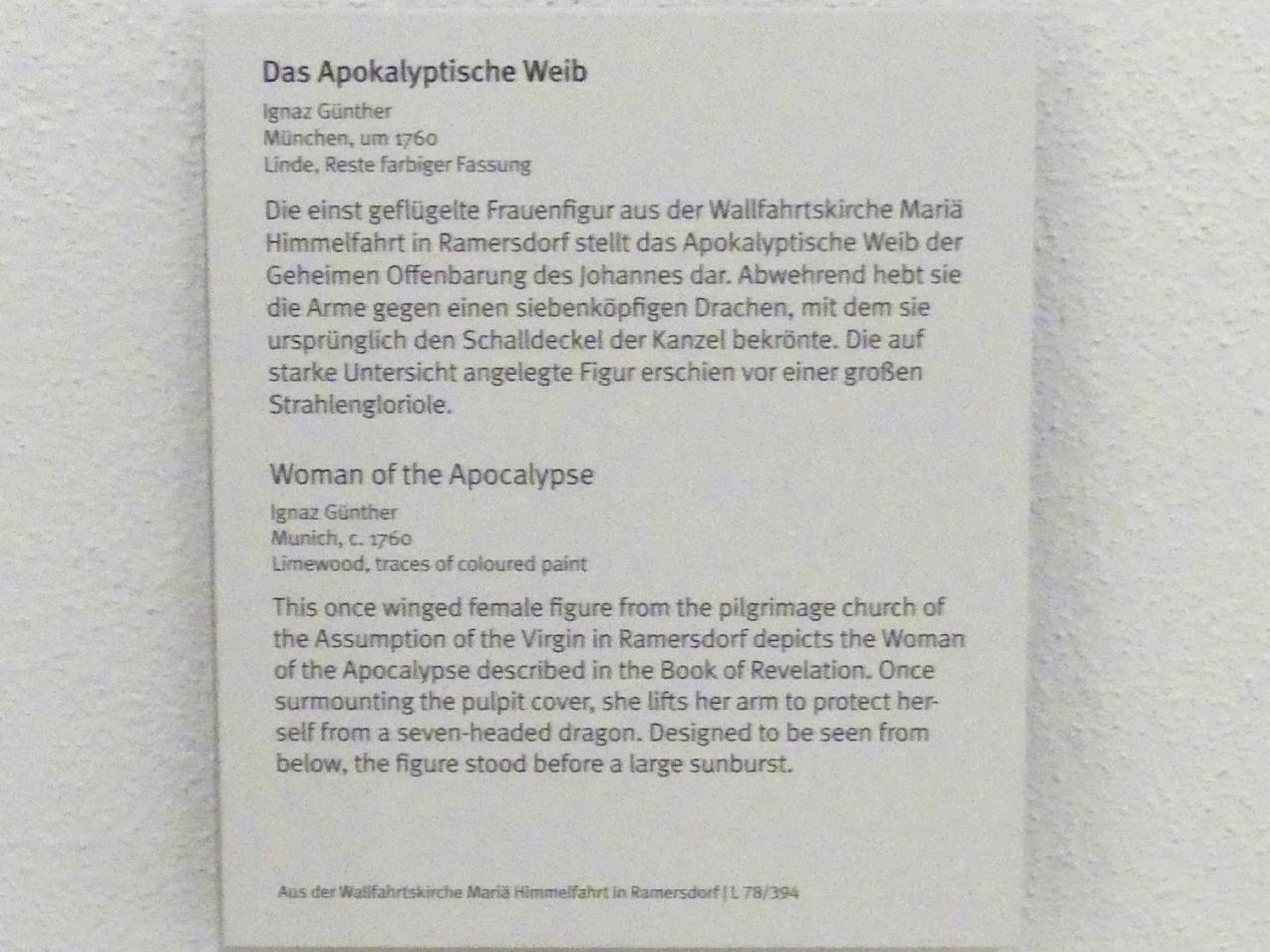 Ignaz Günther (1751–1775), Das Apokalyptische Weib, München-Ramersdorf, Wallfahrtskirche Mariä Himmelfahrt, jetzt München, Bayerisches Nationalmuseum, Saal 42, um 1760, Bild 2/2