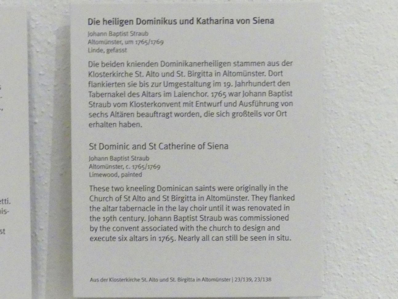 Johann Baptist Straub (1731–1777), Die heiligen Dominikus und Katharina von Siena, Altomünster, ehemalige Birgitten-Klosterkirche St. Alto und St. Birgitta, jetzt München, Bayerisches Nationalmuseum, Saal 42, um 1765–1769, Bild 2/2