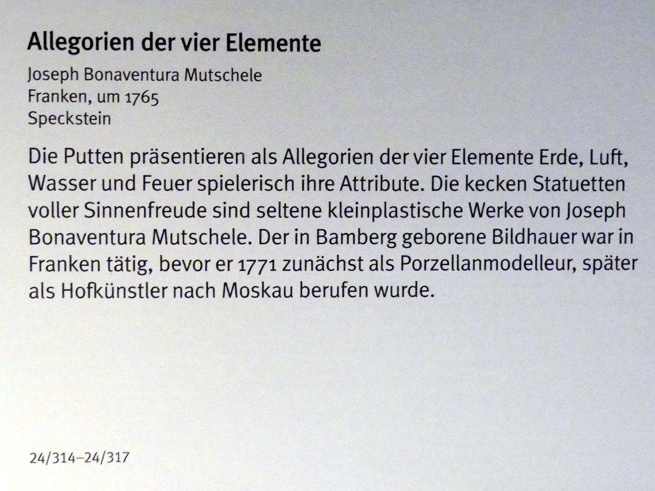 Joseph Bonaventura Mutschele (1762–1766), Allegorien der vier Elemente: Erde, München, Bayerisches Nationalmuseum, Saal 37, um 1765, Bild 2/3