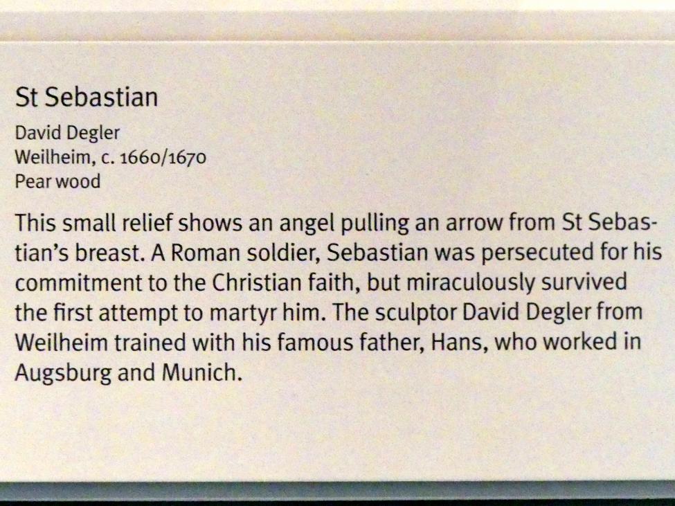 David Degler (1665), Heiliger Sebastian, München, Bayerisches Nationalmuseum, Saal 40, um 1660–1670, Bild 3/3