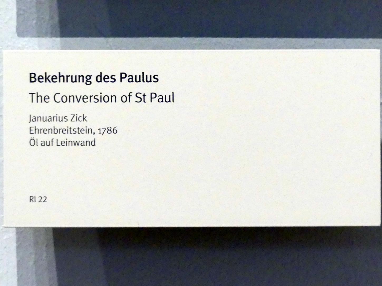 Januarius  Zick (1752–1794), Bekehrung des Paulus, Triefenstein, ehem. Kloster der Augustiner-Chorherren, jetzt München, Bayerisches Nationalmuseum, Saal 44, 1786, Bild 2/2