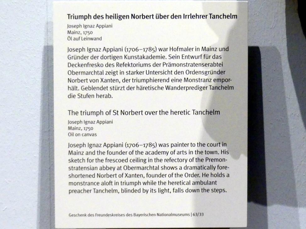 Joseph Ignaz Appiani (Giuseppe Appiani) (1750–1767), Triumph des heiligen Norbert über den Irrlehrer Tanchelm, Obermarchtal, ehem. Prämonstratenser-Chorherrenstift Kloster Obermarchtal, Stiftskirche St. Peter und Paul, jetzt München, Bayerisches Nationalmuseum, Saal 45, 1750, Bild 2/2