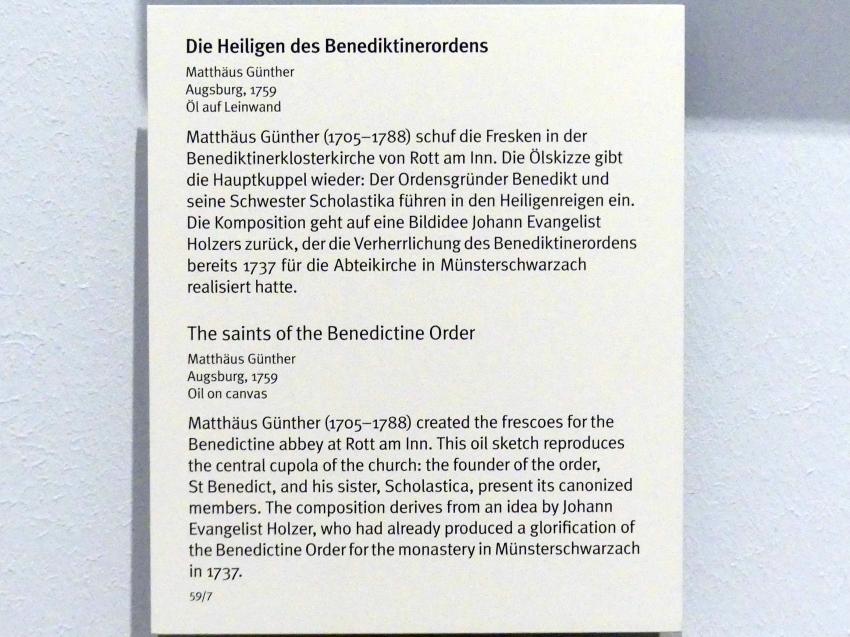 Matthäus Günther (1730–1787), Die Heiligen des Benediktinerordens, Rott am Inn, ehem. Benediktinerkloster, ehem. Klosterkirche, jetzt Pfarrkirche St. Marinus und St. Anianus, jetzt München, Bayerisches Nationalmuseum, Saal 45, 1759, Bild 2/2