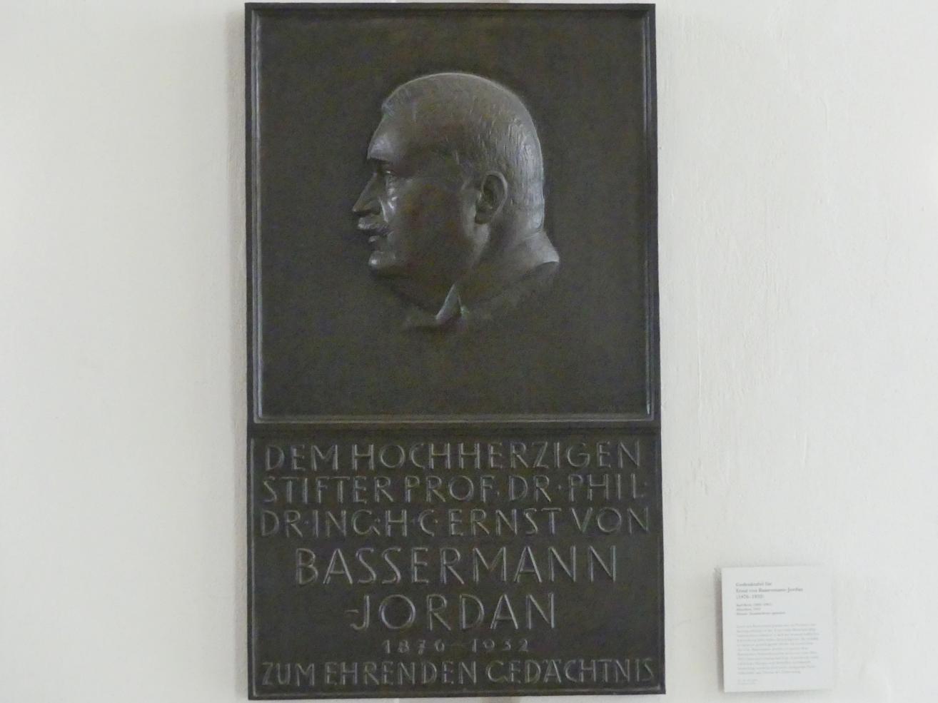 Karl Roth: Gedenktafel für Ernst von Bassermann-Jordan (1876-1932), 1933