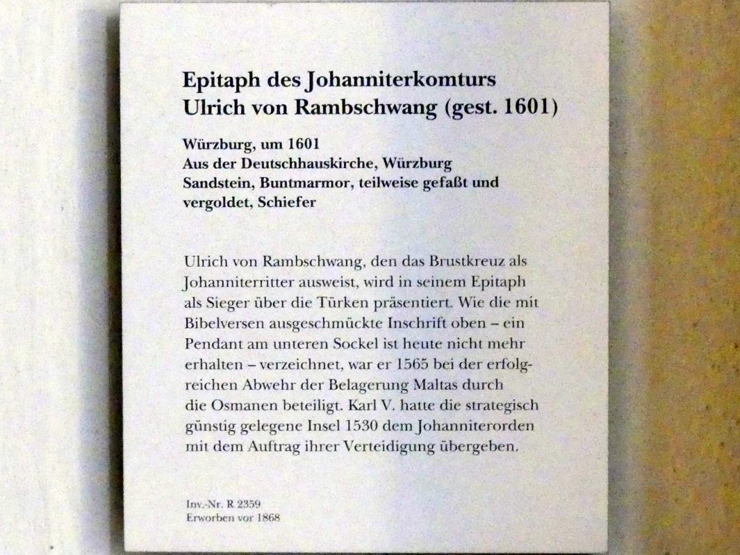 Epitaph des Johanniterkomturs Ulrich von Rambschwang (gest. 1601), Würzburg, Deutschhauskirche, jetzt München, Bayerisches Nationalmuseum, Eingangshalle, um 1601, Bild 2/2