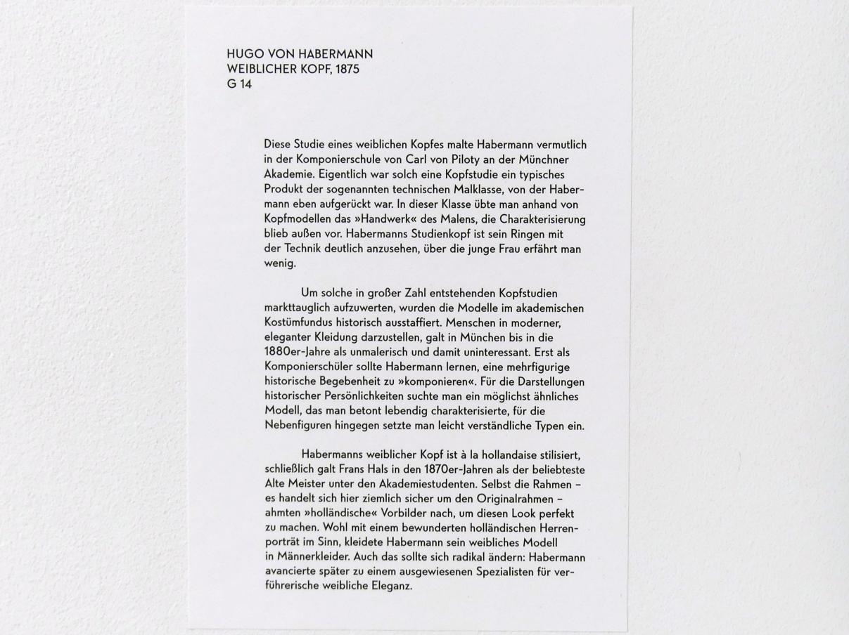 Hugo von Habermann (1875–1897), Weiblicher Kopf, München, Lenbachhaus, Saal 19, 1875, Bild 2/2