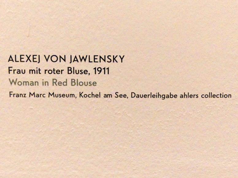 Alexej von Jawlensky (1893–1938), Frau mit roter Bluse, München, Lenbachhaus, Kunstbau, Ausstellung "Lebensmenschen" vom 22.10.2019-16.02.2020, Porträts von Jawlenski, 1911, Bild 2/2