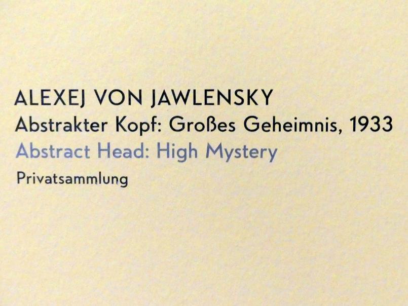 Alexej von Jawlensky (1893–1938), Abstrakter Kopf: Großes Geheimnis, München, Lenbachhaus, Kunstbau, Ausstellung "Lebensmenschen" vom 22.10.2019-16.02.2020, Porträts von Jawlenski, 1933, Bild 2/2