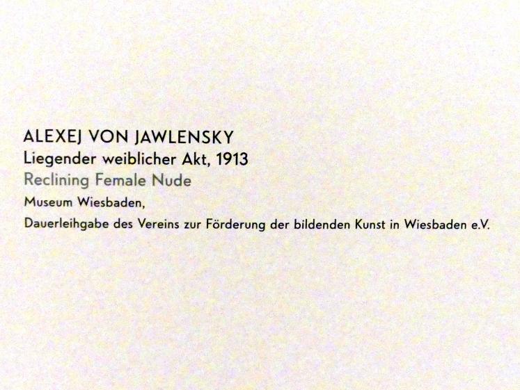Alexej von Jawlensky (1893–1938), Liegender weiblicher Akt, München, Lenbachhaus, Kunstbau, Ausstellung "Lebensmenschen" vom 22.10.2019-16.02.2020, München, Murnau, Oberstdorf, 1908-1913, 1913, Bild 2/2