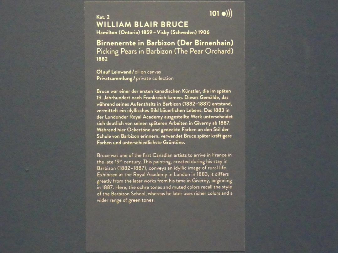 William Blair Bruce (1882–1888), Birnenernte in Barbizon (Der Birnenhain), München, Kunsthalle, Ausstellung "Kanada und der Impressionismus" vom 19.07.-17.11.2019, Frankreich-Impressionen, 1882, Bild 2/2