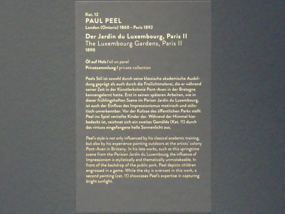 Paul Peel (1884–1890), Der Jardin du Luxembourg, Paris II, München, Kunsthalle, Ausstellung "Kanada und der Impressionismus" vom 19.07.-17.11.2019, Frankreich-Impressionen, 1890, Bild 2/2