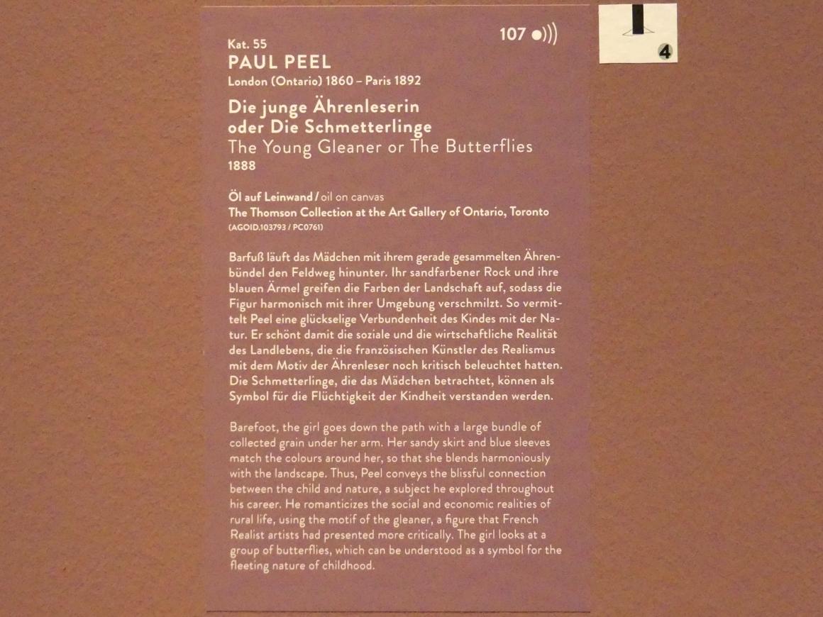 Paul Peel (1884–1890), Die junge Ährenleserin oder Die Schmetterlinge, München, Kunsthalle, Ausstellung "Kanada und der Impressionismus" vom 19.07.-17.11.2019, Jugend und Sonnenlicht, 1888, Bild 2/2